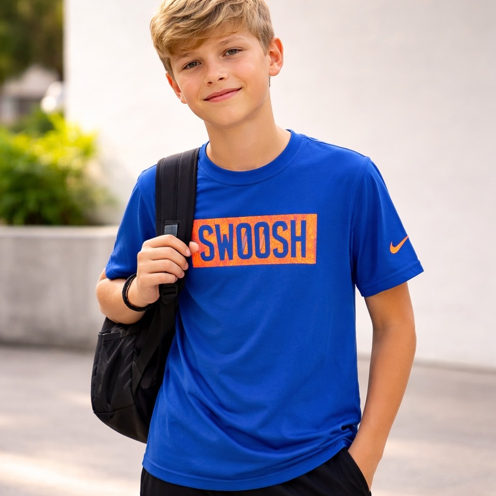 Nike Dri-FIT Swoosh Graphic Tee Kids XL Blue Orange Athletic Shirt